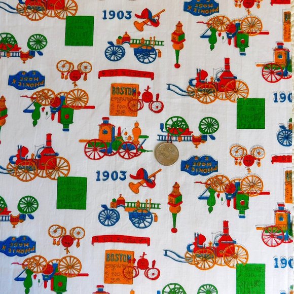 3 yds Boston engine Phoenix hose fireman cotton fabric vtg quilt sewing material - Picture 2 of 11